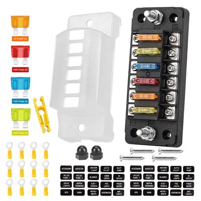 6-Way Car Fuse Holder With Negative Busbar 12V Blade Type Fuse Holder Atc/Ato Standard Fuse Box Label Sticker Waterproof Cover
