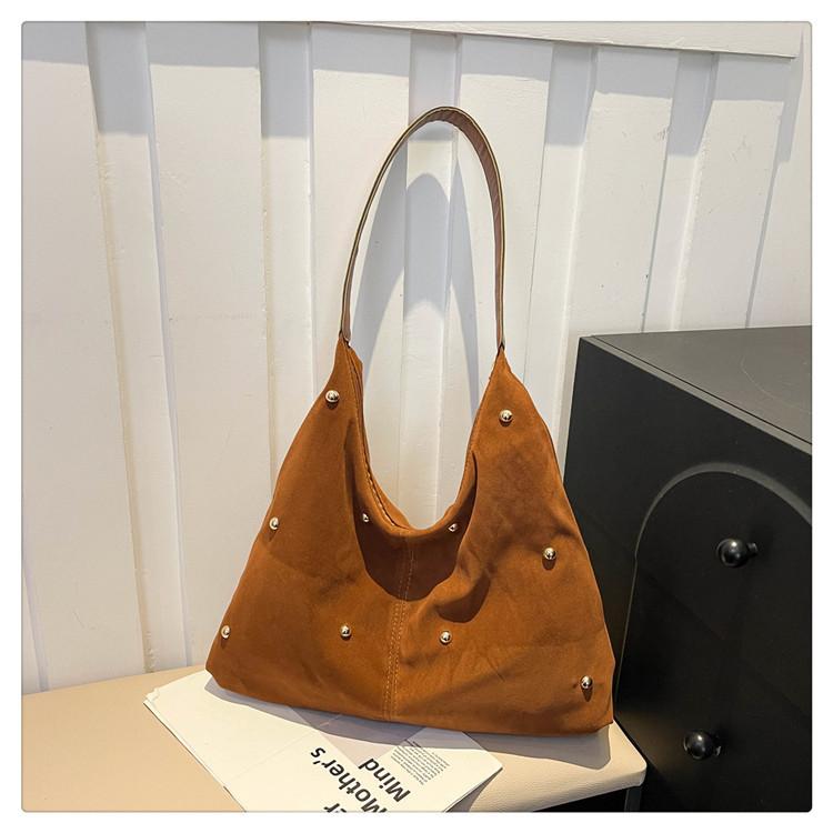 Simple Thread Design Women Faux Suede Shoulder Bags Rivet Large Capacity Ladies Handbags Commuter Female Underarm Tote Bag