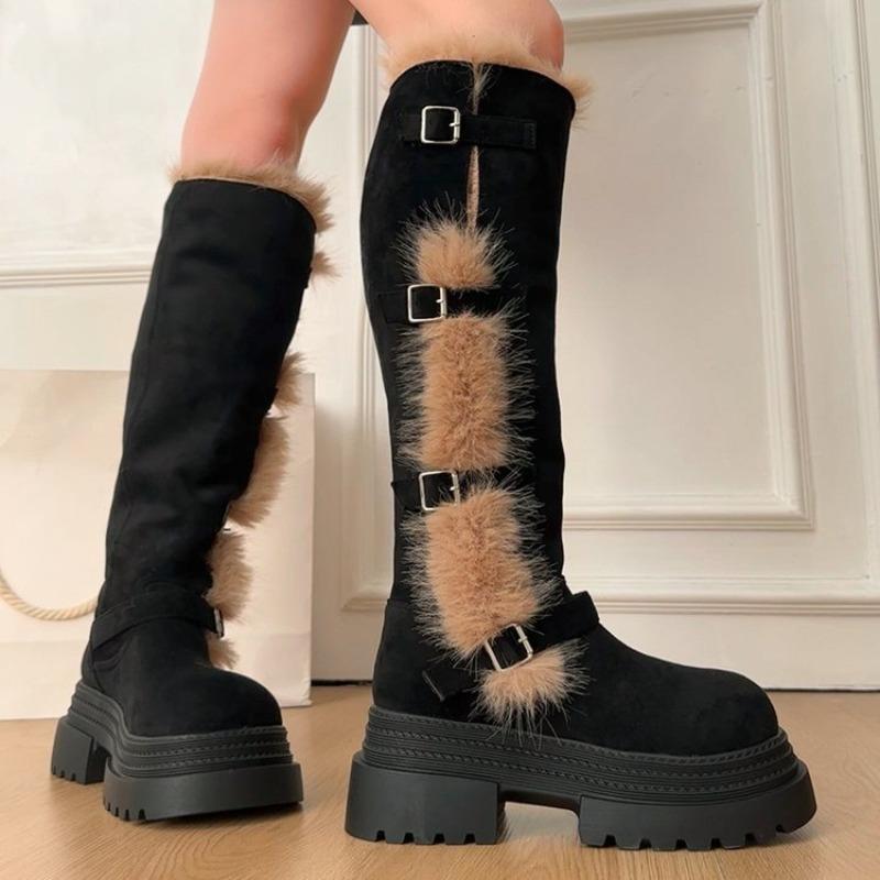 Platform Two-Wear Plush Snow Boots Women's Winter Skinny Tall Fleece Warm Non-slip Buckle Strap Long-leg Boots