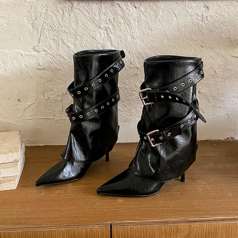 

Fashion Fashion Buckle Strap Footwear Modern Women Ankle Boots With Heels Shoes Female Pointed Toe Ladies Short Boots Pumps Shoes 35 чёрный