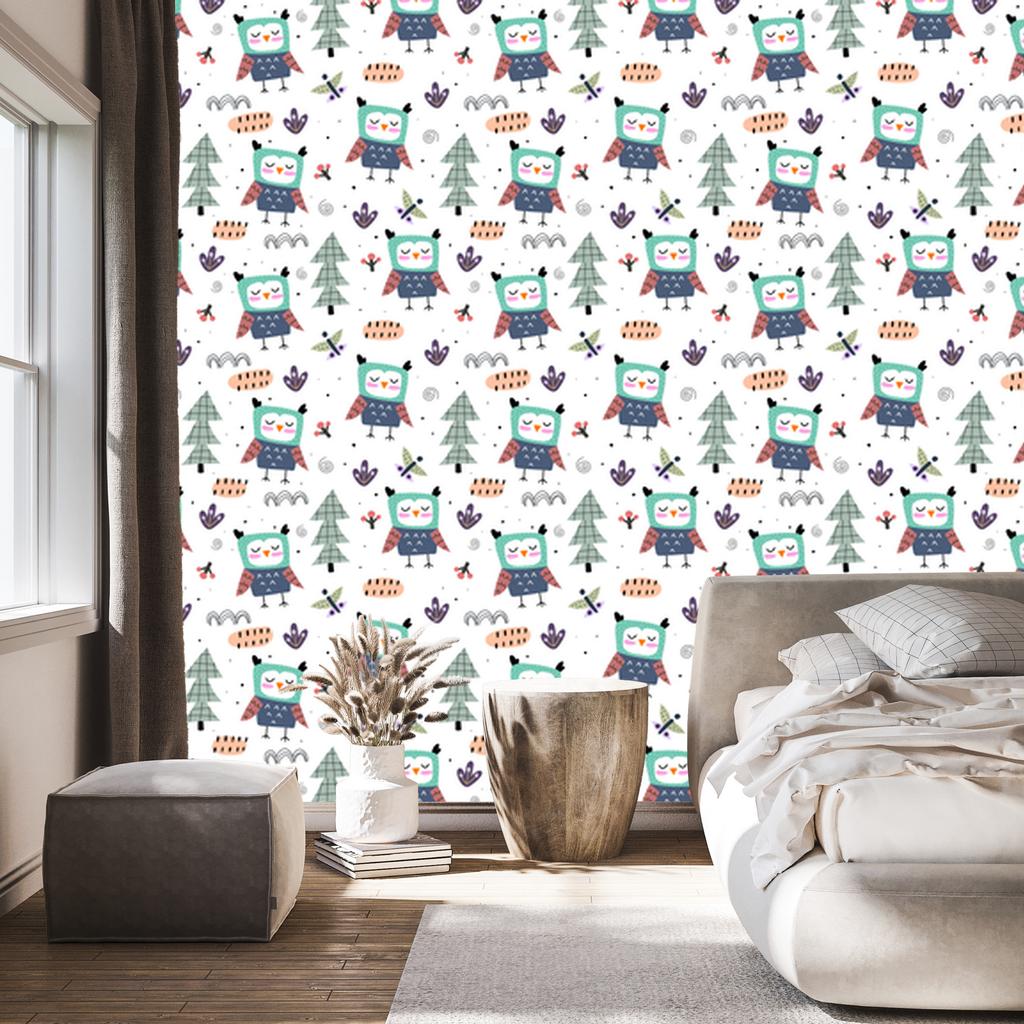 Owls with butterflies wallpaper for living room and bedroom 50x1000