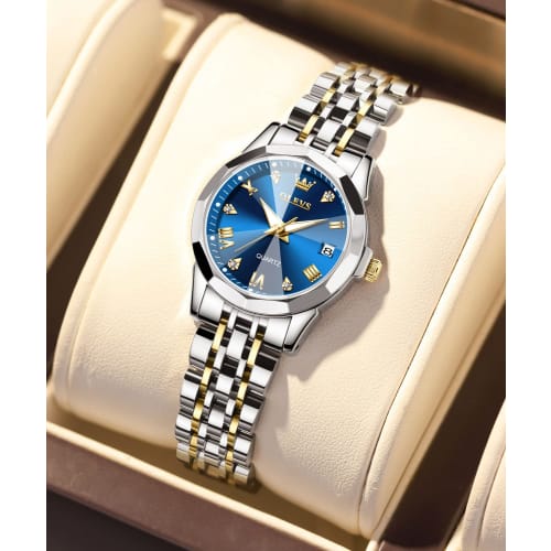 OLEVS Popular Women's Blue Waterproof Watch with Stainless Steel Band and Date Display, Analog Quartz Movement, Perfect As a Gift for Stylish Women, S