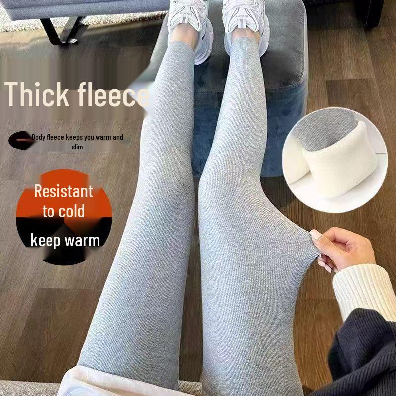 Women's High-Waist Lambswool Ribbed Leggings: Fleece-Lined, Thick, Cotton, Slim-Fit Autumn/Winter Pants for Warmth