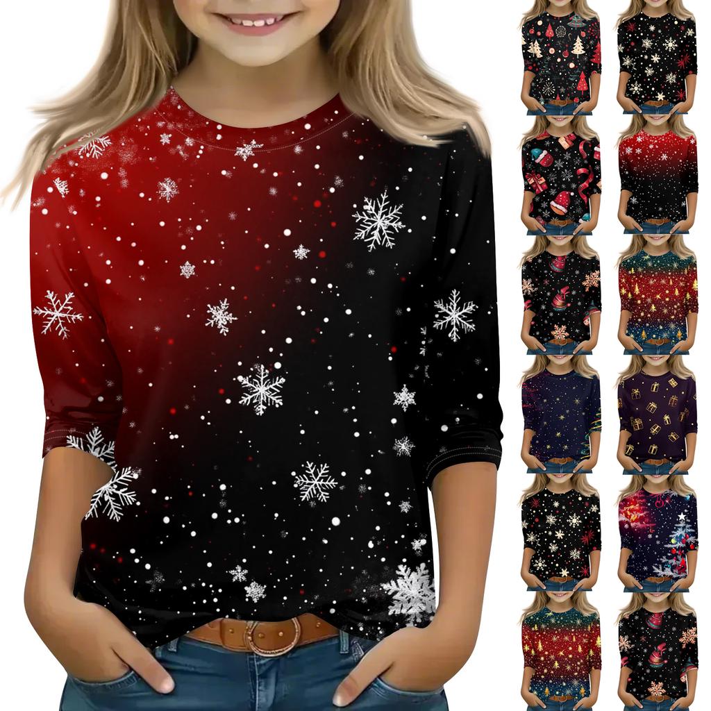 Christmas Day Print Tops For Youth Girls 5-16 Years Round Neck 3/4 Sleeves T-Shirts Trendy Tops Outfit Tees