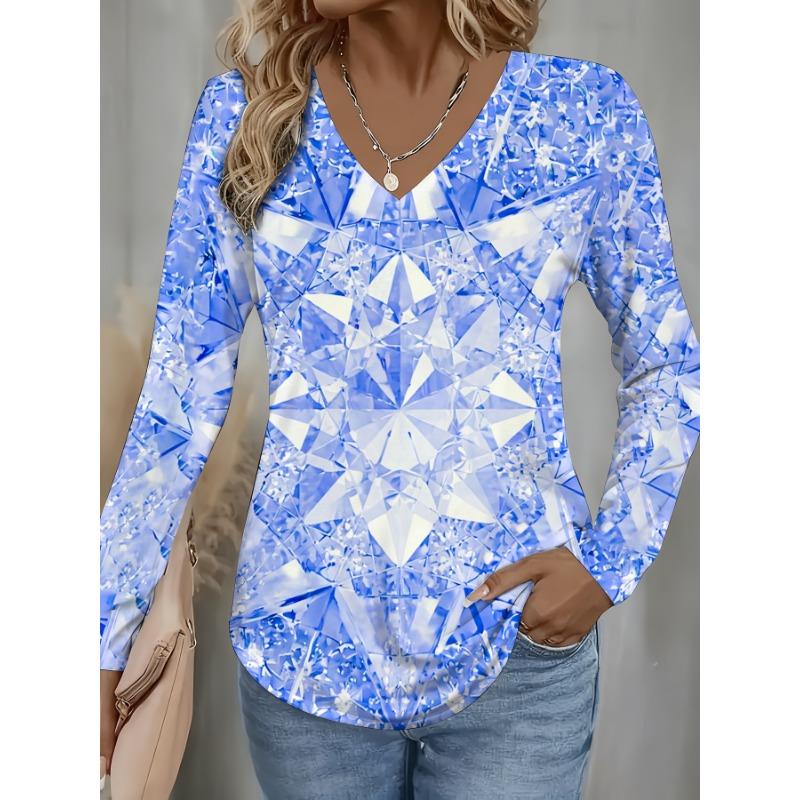 All-over Printed Women's Fashionable V-neck Crystal Star Long-sleeved Blouse