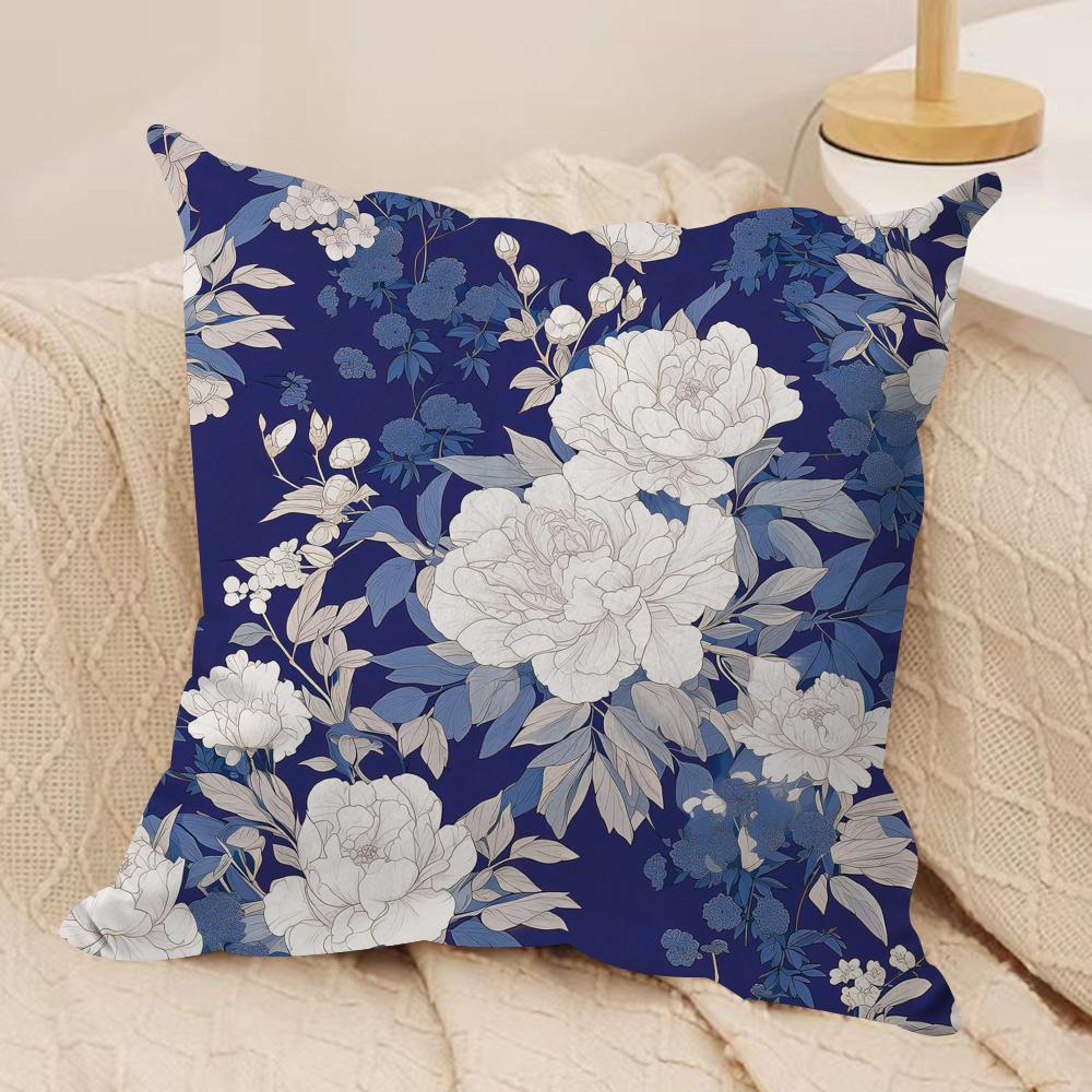 Classic Flowers Pattern Blue Cushion Cover Short Plush Doublesided Print Square Throw Pillow Covers Sofa Home Cushion Decor