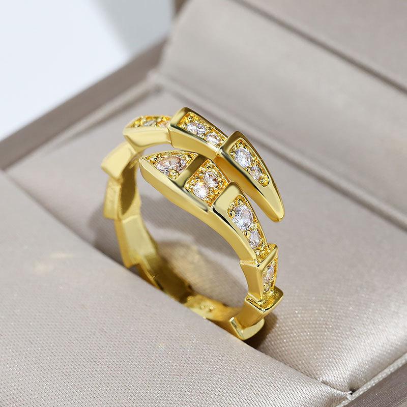 Korean Version Snake Bone Ring Half Circle with Diamond Opening Spring Full Diamond Snake Head Ring Jewelry