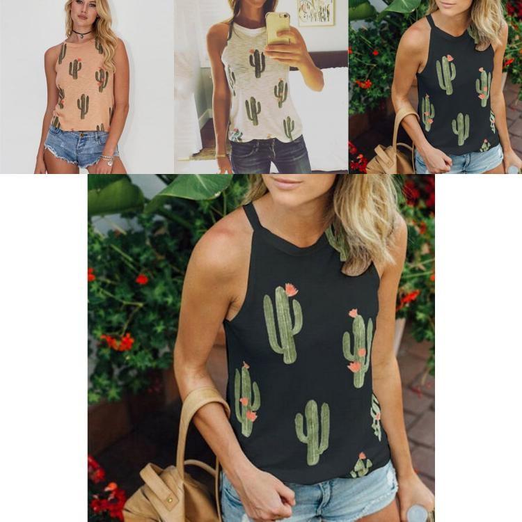 Stylish And Comfortable Women's Cactus Printed Round Neck Tank Sleeveless T-shirt For Summer