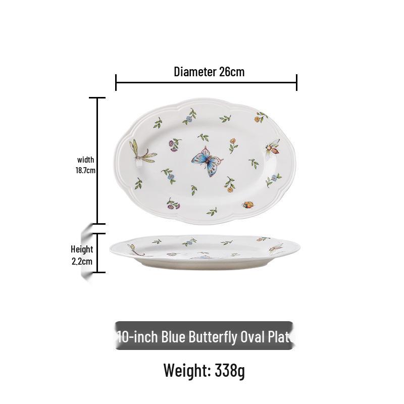 Retro Dragonfly & Butterfly Ceramic Tableware Set: Salad Plates, Bowls, and Deep Plates for Western and Asian Cuisine.