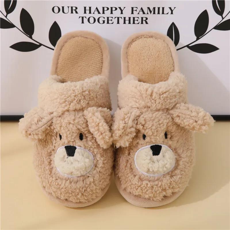 Cartoon Cute Bag Cotton Slippers for Women 2024 Winter Home Anti Slip Little Bear Plush Couple Warm Slippers Platform Zapatos