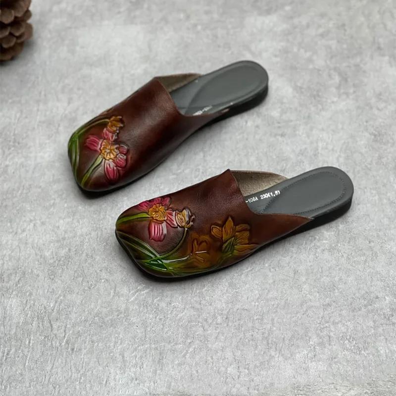 Fashion Retro Nostalgia Soft Cowhide Hand-painted Women's Slippers Summer Women's Shoes Sandals Mueller Shoes