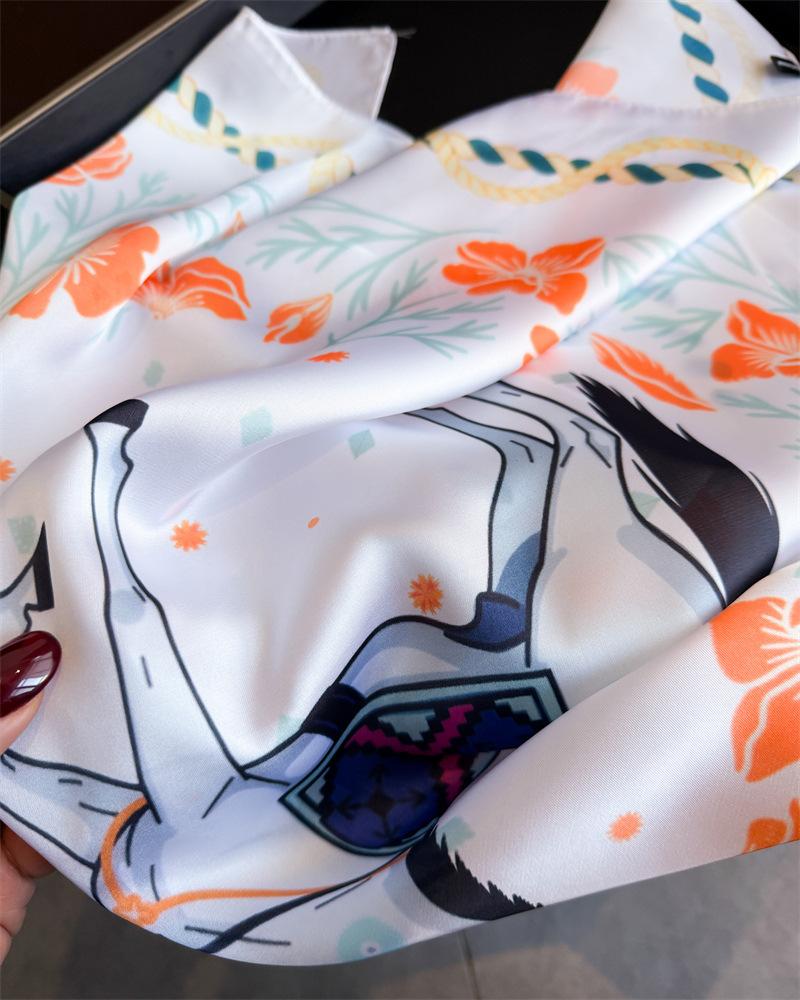 Floral Printed Silk Like Square Scarf For Women Summer Sun Protection