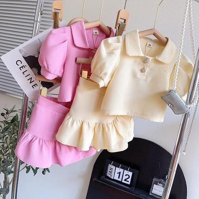 Toddler Girls' Stylish Two-Piece Set: Buckle Bubble Collar Top & Short Skirt