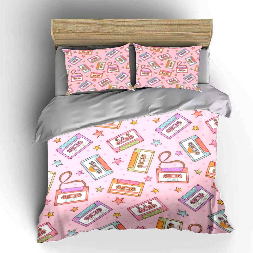 Retro Cassette Pattern Decor Set Bedding Set with 1 Duvet Cover 2 Pillowcases Single Double King Queen Gift