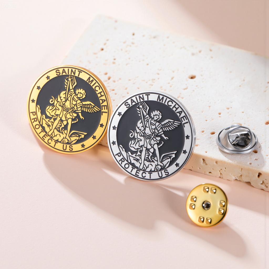 Cazador Saint Michael Protect Us Lapel Pins Women's Brooch Stainless Steel Christian Religious Jewelry Angel Brooch Men's Badges