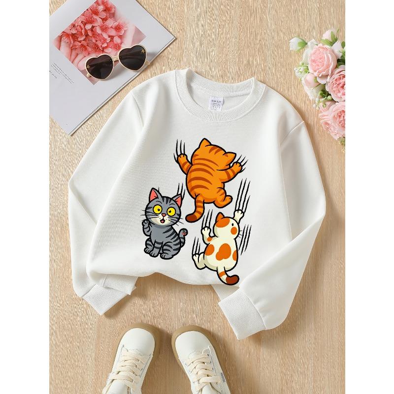 European sizes Girls Soft Crewneck Sweatshirt Cute Cartoon Cats Climbing Print Design, Casual All-Match, Ideal Holiday Present