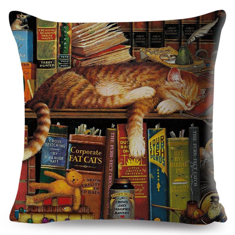 Cute Book Cat Party Cushion Cover Decor Cartoon Animal Pillowcase Printing Cojines Polyester Pillow Case  for Sofa Home 45x45cm