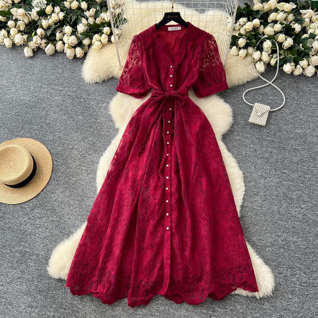 French high-end temperament dress women's summer fashion strap waist single-breasted embroidered mesh long skirt