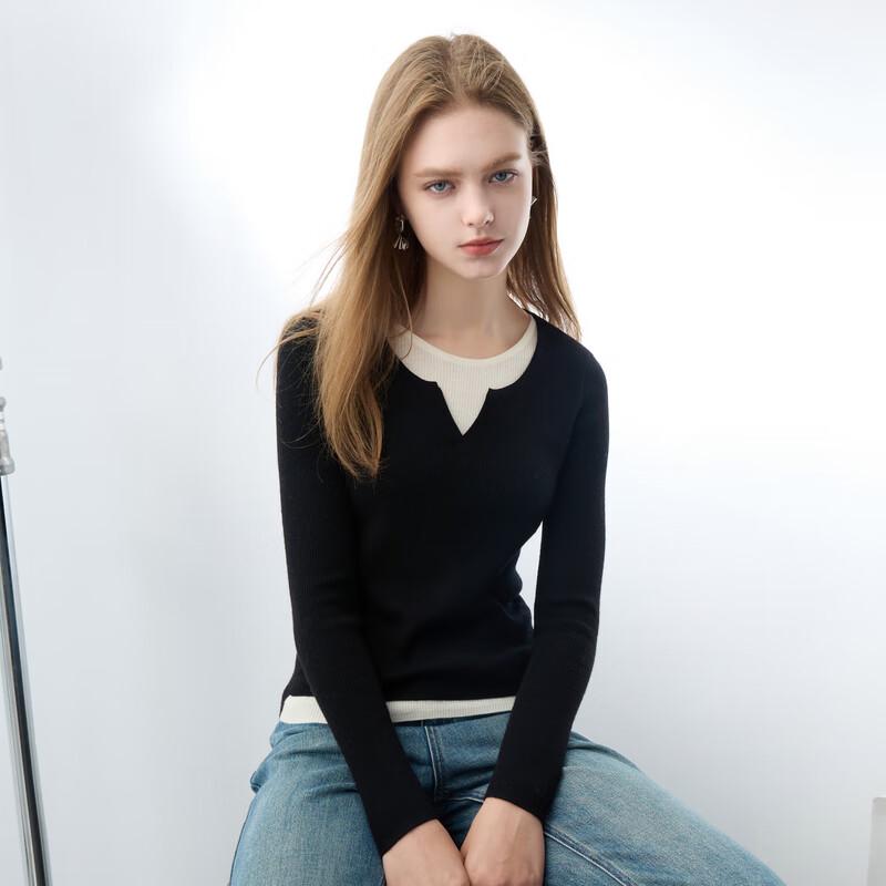 Sancai Women's Faux Two-Piece Colorblock 100% Wool Sweater