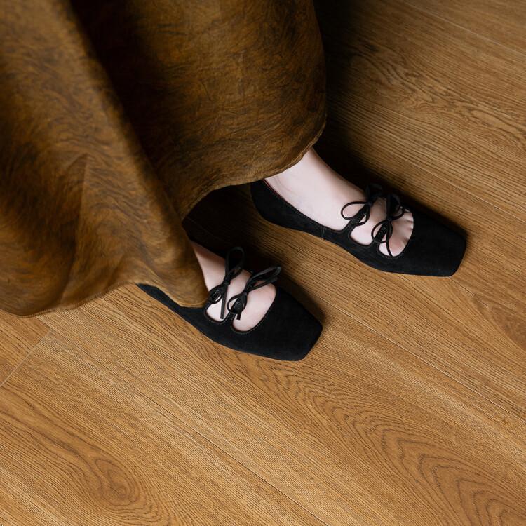 

Retro style Mary Jane bow single shoes inner height increase ballet flats shallow mouth square head Mary Jane shoes women 39 чёрный