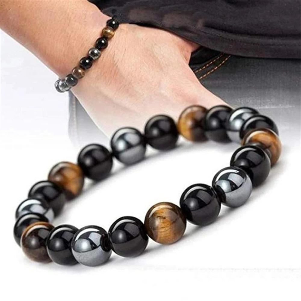 Trendy Tiger Eye Black Onyx Beaded Natural Stone Stretch Elastic Unisex Bracelet
