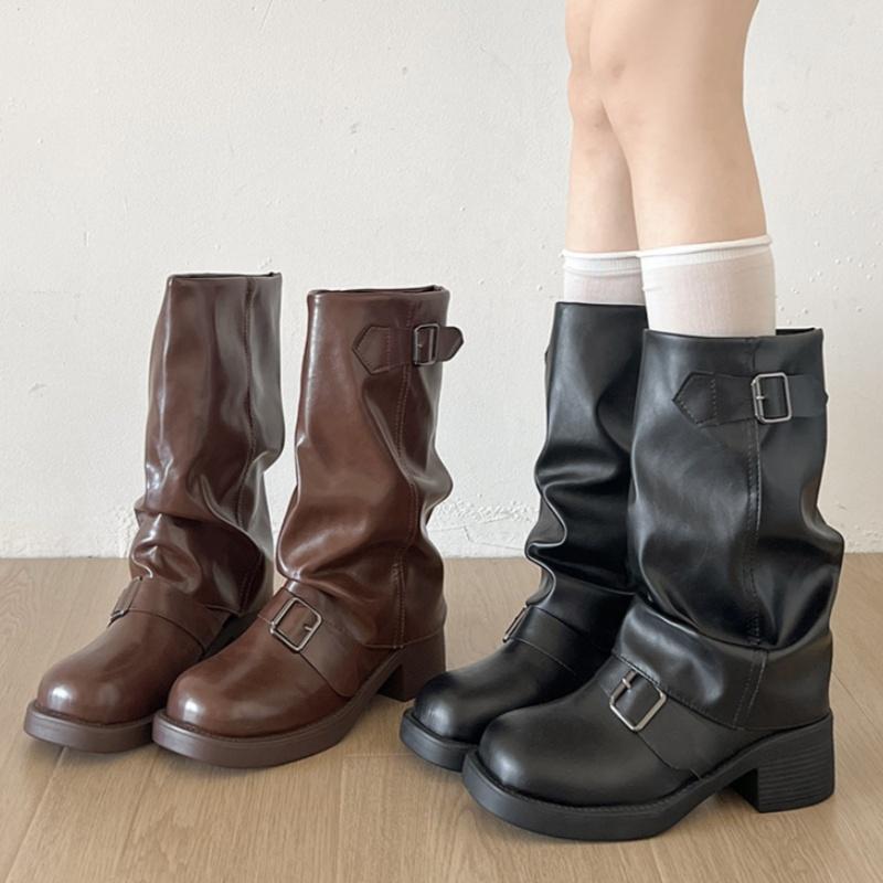 Fashion 2025 Autumn New Thick Heel Riding Women's Boots Pleated Buckle Knight Mid Calf Boots Fashion Casual Cool Girls Boots Zapatos