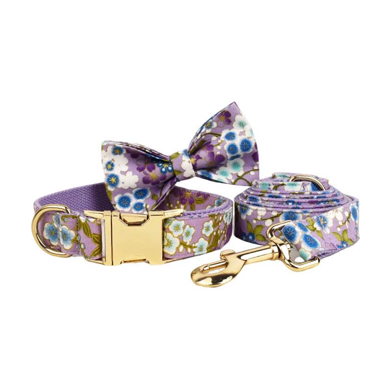 Purple Japanese Floral Dog Collar & Leash with Custom Engraving Option