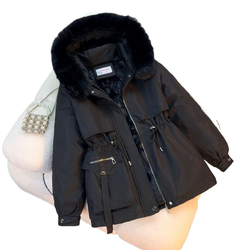 Women's Winter Parka Coat Large Fur Collar Fashion Versatile Fleece Lined All-In-One Warm Jacket Thick Outerwear