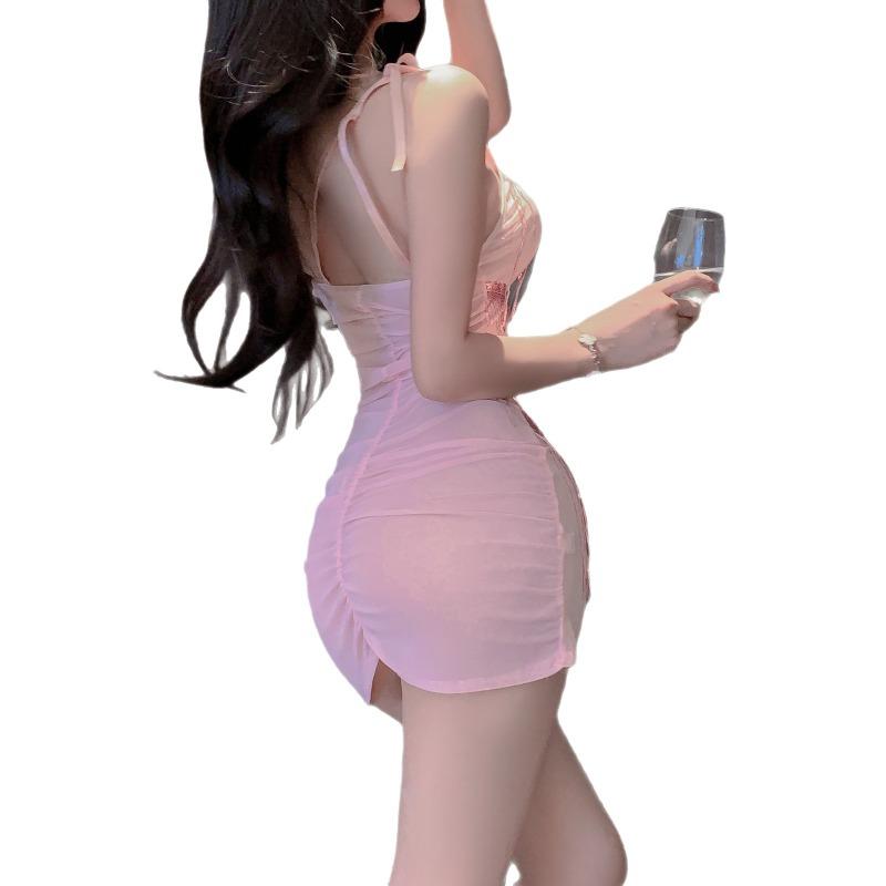 Pailletten Hals Schwingkragen Hüftwickelkleid Reiner Wunsch Stil Sexy Plissiert Sexy Unterwäsche Nachtclub Hals qqny hell