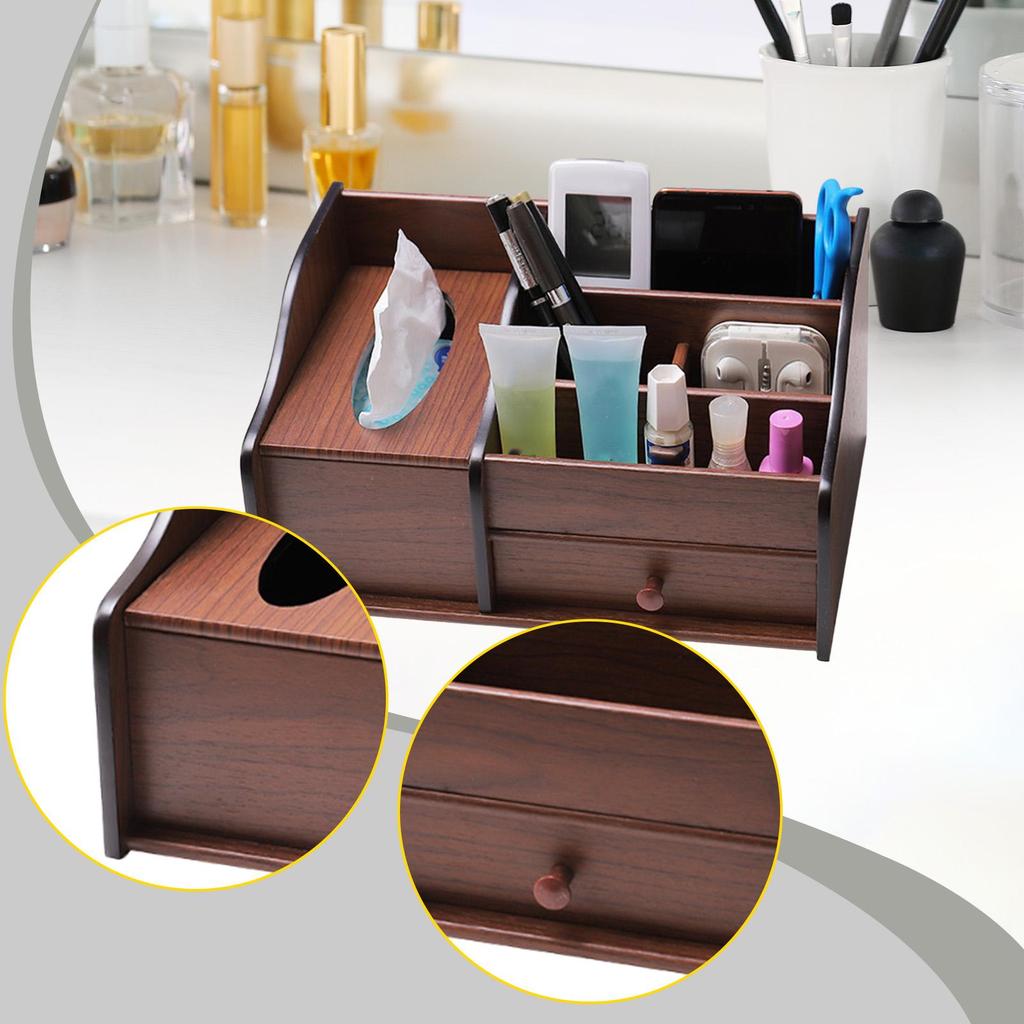 Wood Desk Organiser with Drawer, Wooden Desktop Organizer Tissue Box Holder for Living Room Bedroom