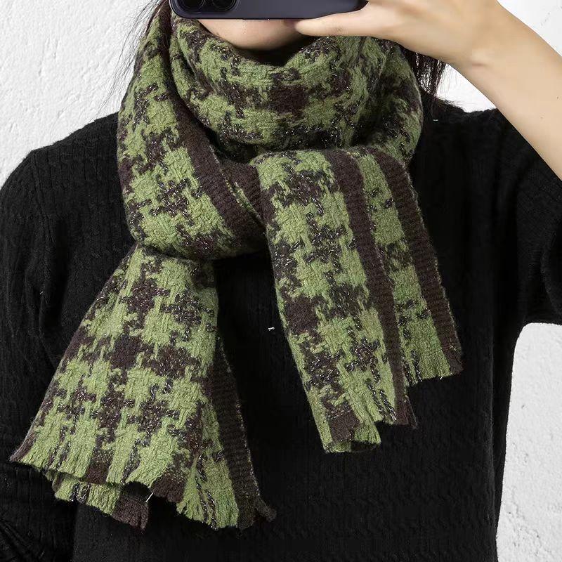 New 100% Australian Wool Scarf Women Winter Fashion Grid Solid Color Knitted Scarf Windproof Thick Warm Neck Protection