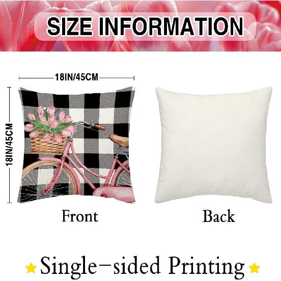 Hello Spring Pillow Covers Pink Tulip Bicycle Truck Pillowcases Spring Flowers Farmhouse Decorations, 18 x 18 Inch Cushion Case for Sofa Couch Set of