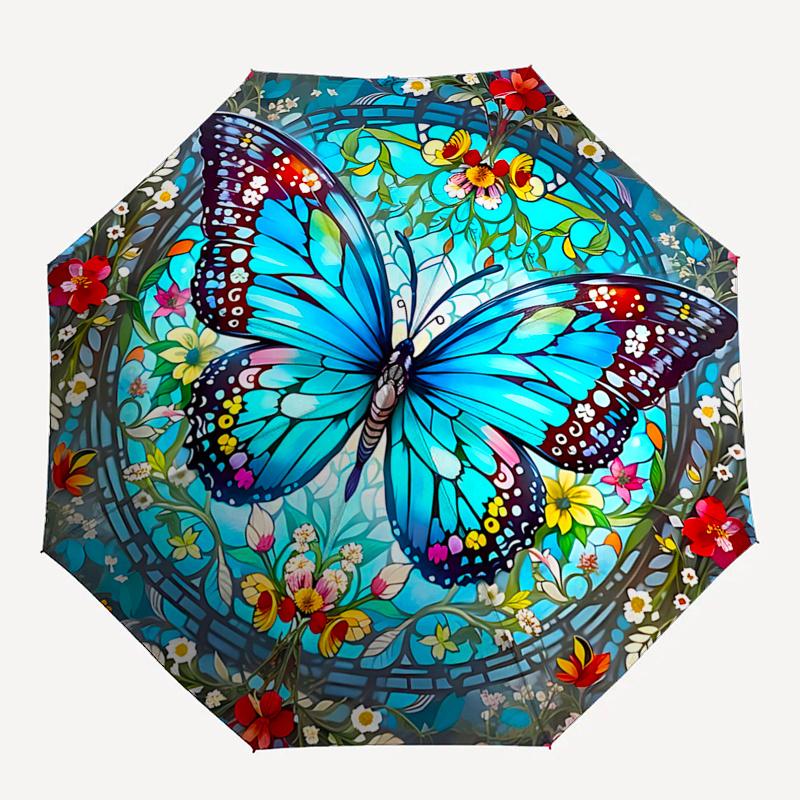 

Stained Butterfly Floral Pattern Automatic Opening/Closing Umbrella Portable Tri Fold Design with 8 Bone Iron Frame,,Festive Gift for Fan