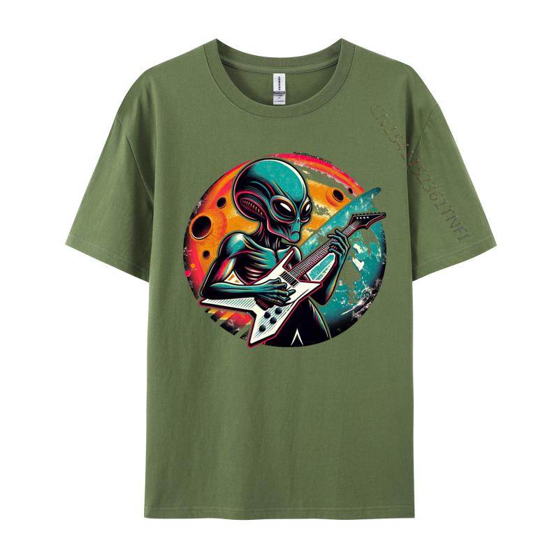 Retro Alien Guitar Rockstar Tshirt Funny T Shirt For Men Premium Cotton Autumn Tshirts Street Tops Shirt