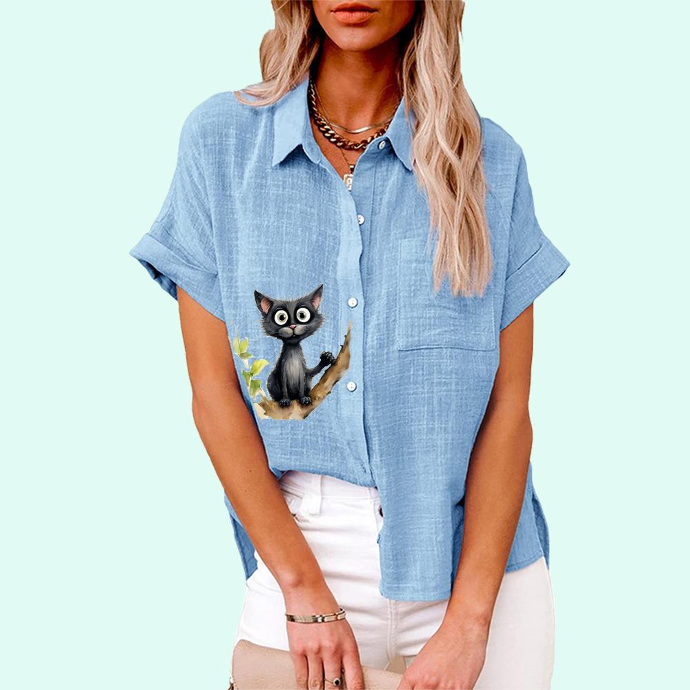 Übergröße Damen Mode Print T-Shirt Sommer&Herbst Lässig Leinen Geknöpftes Hemd Damen Locker Kurzärmelige Bluse