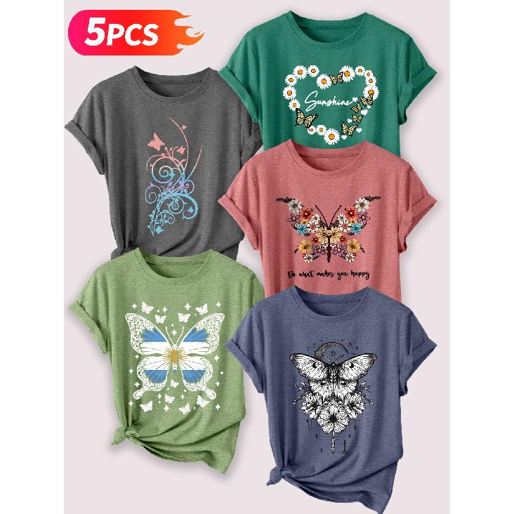 Go for a specific forest-themed, fresh floral and butterfly artistic aesthetic print Five-piece set of women's short-sleeve tops Elegant summer