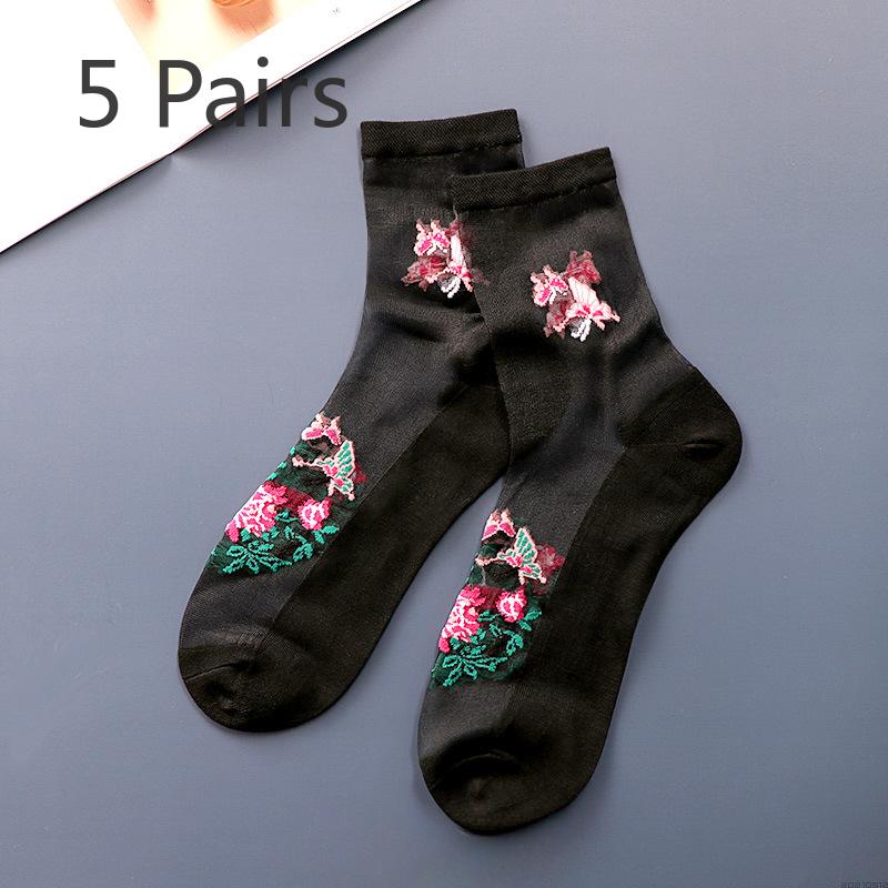 5 Pairs of Women's Summer Thin Fashion New Flower Tube Crystal Stockings