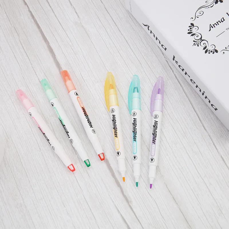 6 Colors/set Unique Window Tip Highlighter Pen Double Head Pastel Color Midline Highlighters Marker School Stationery Supplies