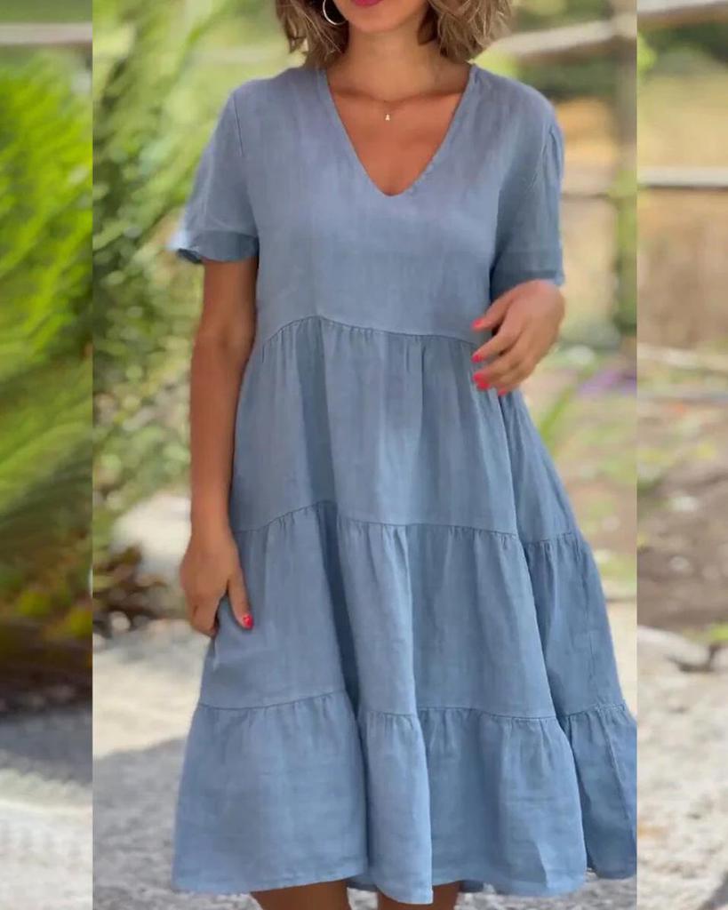 Summer V-Neck Solid Color Swing Dress for Women