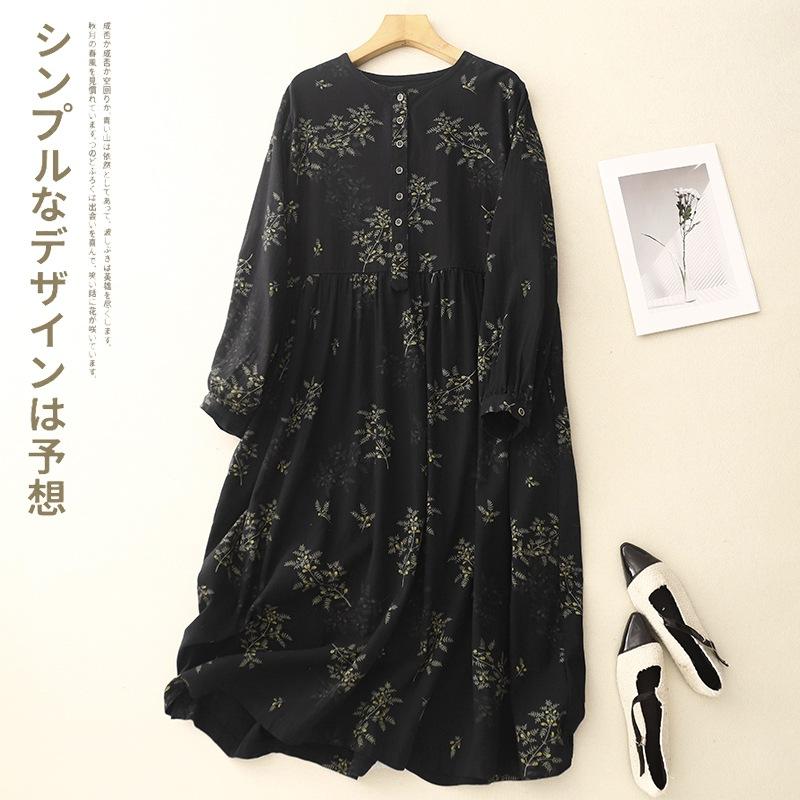 

2025 весеннее платье с цветочным принтом и длинными рукавами, женское нишевое ретро-платье Mori с круглым вырезом, длинная юбка из хлопка и льна 2XL