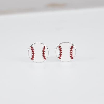 White Enamel Baseball Ball Sport Silver Round Stud Earrings Gift