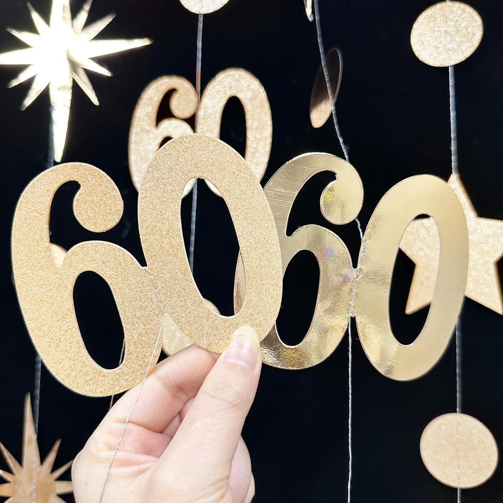 Champagne Gold 60th Birthday Decorations Number 60 Circle Dot Star Garland Metallic Streamer Banner for Women Mens Cheers to 60 Years Old Birthday