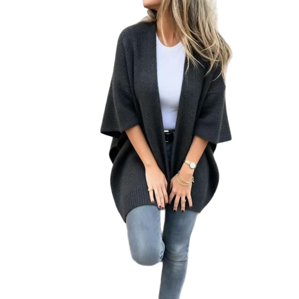 2026 Women's Sweater European and American Loose and Lazy Solid Color Cardigan Autumn and Winter New Bat Sweater Jacket Women
