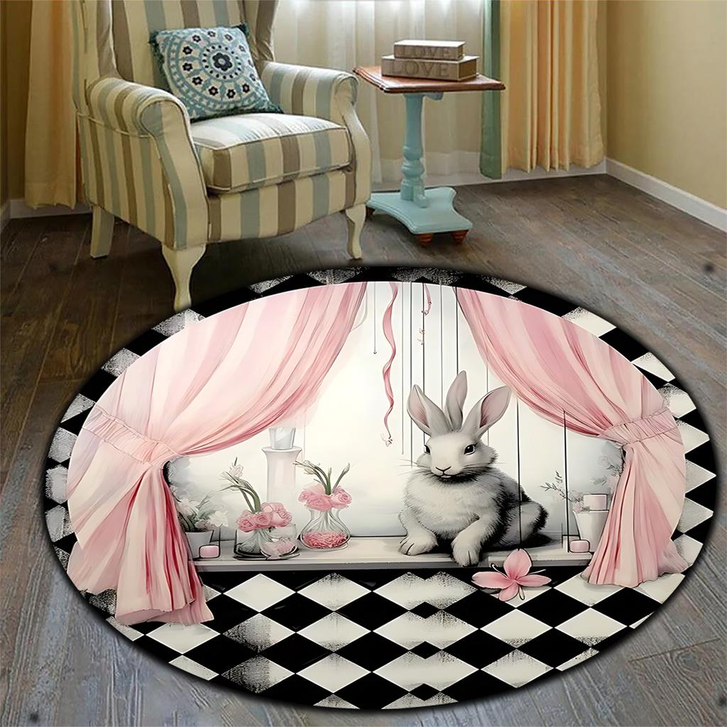 Happy Easter Rabbit Egg Patterned Area Carpet Round Non-Slip Easy To Clean Rug Living Room Bedroom Laundry Outdoor Floor Mat