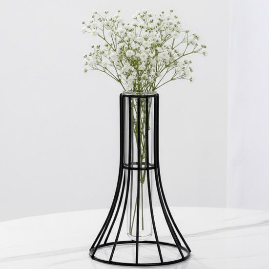 Decorative Glass Vase with Metal Wire Stand Clear Test Tube Vase with Iron Art Frame for Hydroponic Plant Modern Flower