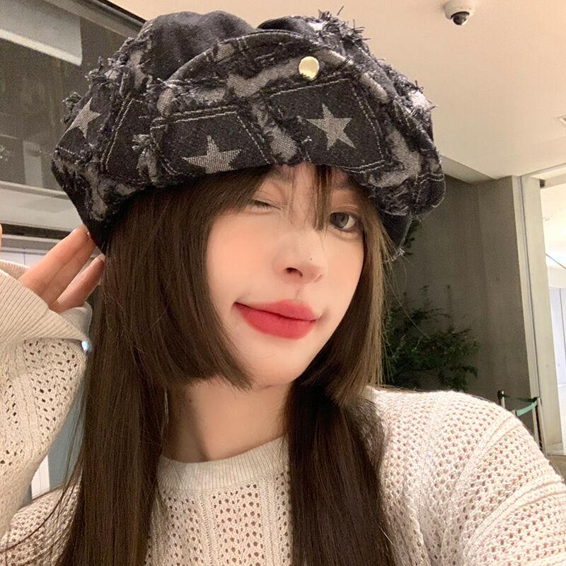 Rough Star Black Beret Women'S Autumn And Winter Niche Big Head Circumference Cowboy Octagonal Hat Showing Face Small Bud Hat Tide