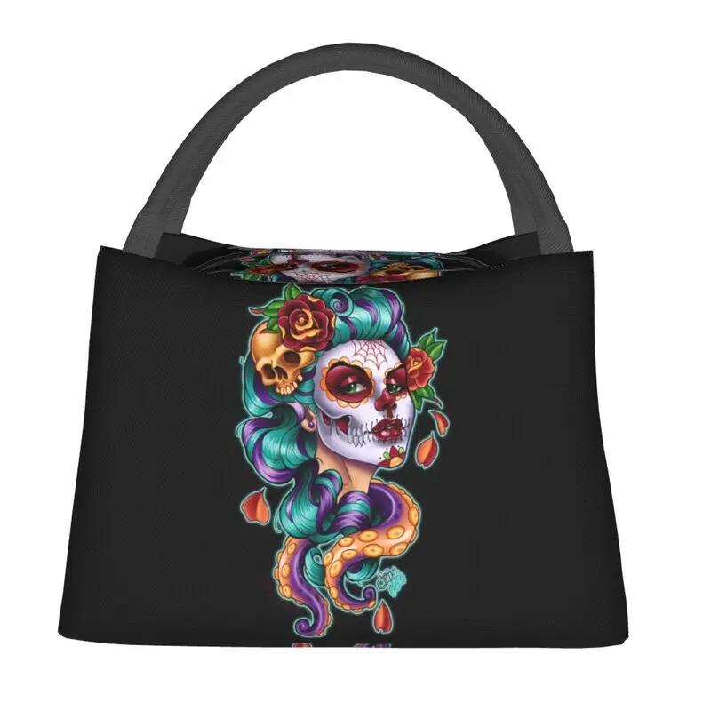 Day Of The Dead Kitten Cat Sugar Skull Thermal Insulated Lunch Bags Women Mexican Halloween Floral Lunch Container for Food Box