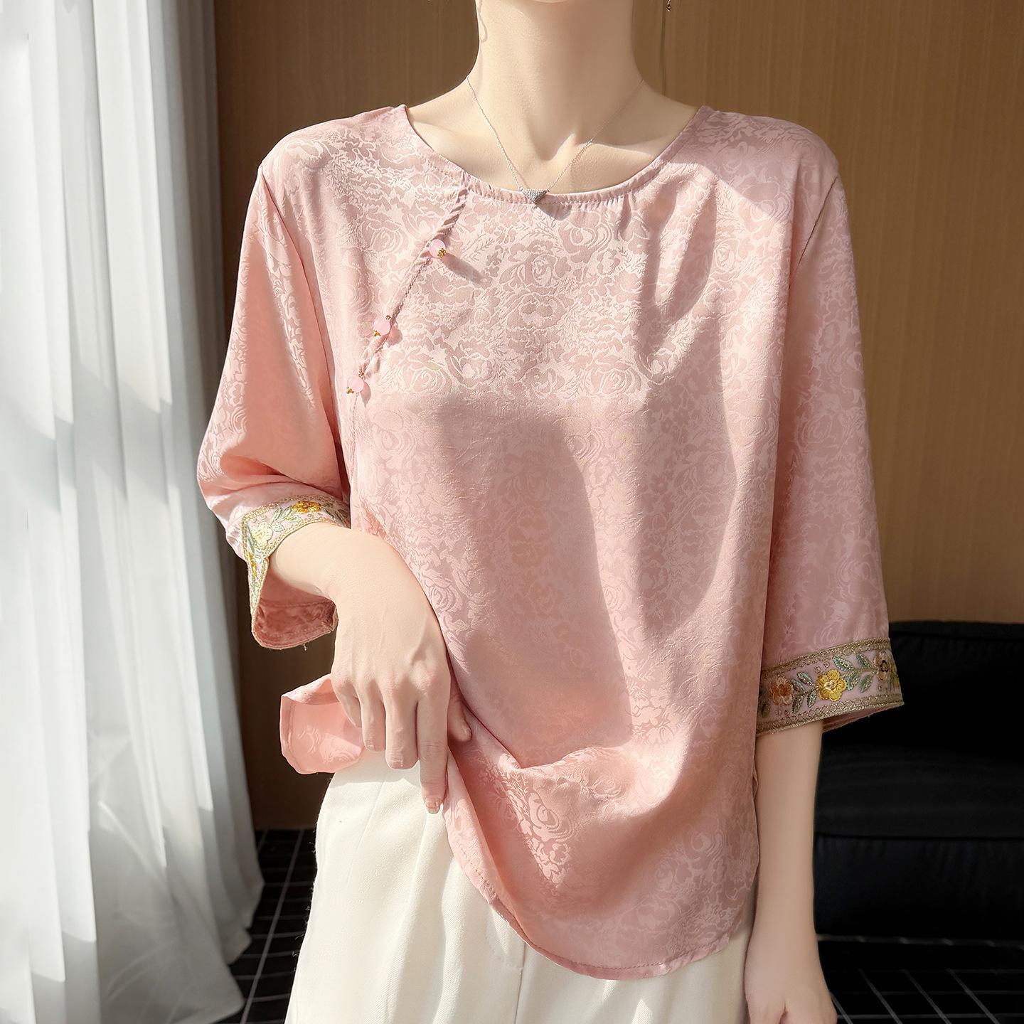 

Traditional Chinese Round-neck Five-button Short-sleeved Top for Women, New Spring/summer Style, Retro Jacquard Short-sleeved T-shirt XXL рожевий