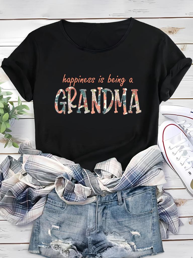 Grandma Print Comfortable And Soft Sports T-shirt, Short Sleeve Causal Running Crew Neck Top, Women's Activewear