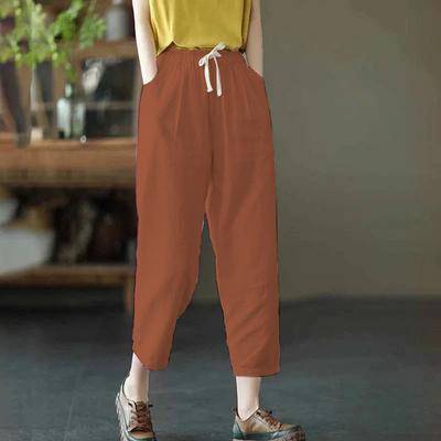 Literary Solid Color Casual Pants for Women Elastic Waist Slimming Casual Cropped Pants for Women Versatile Feet Drawstring Harem Pants for Women
